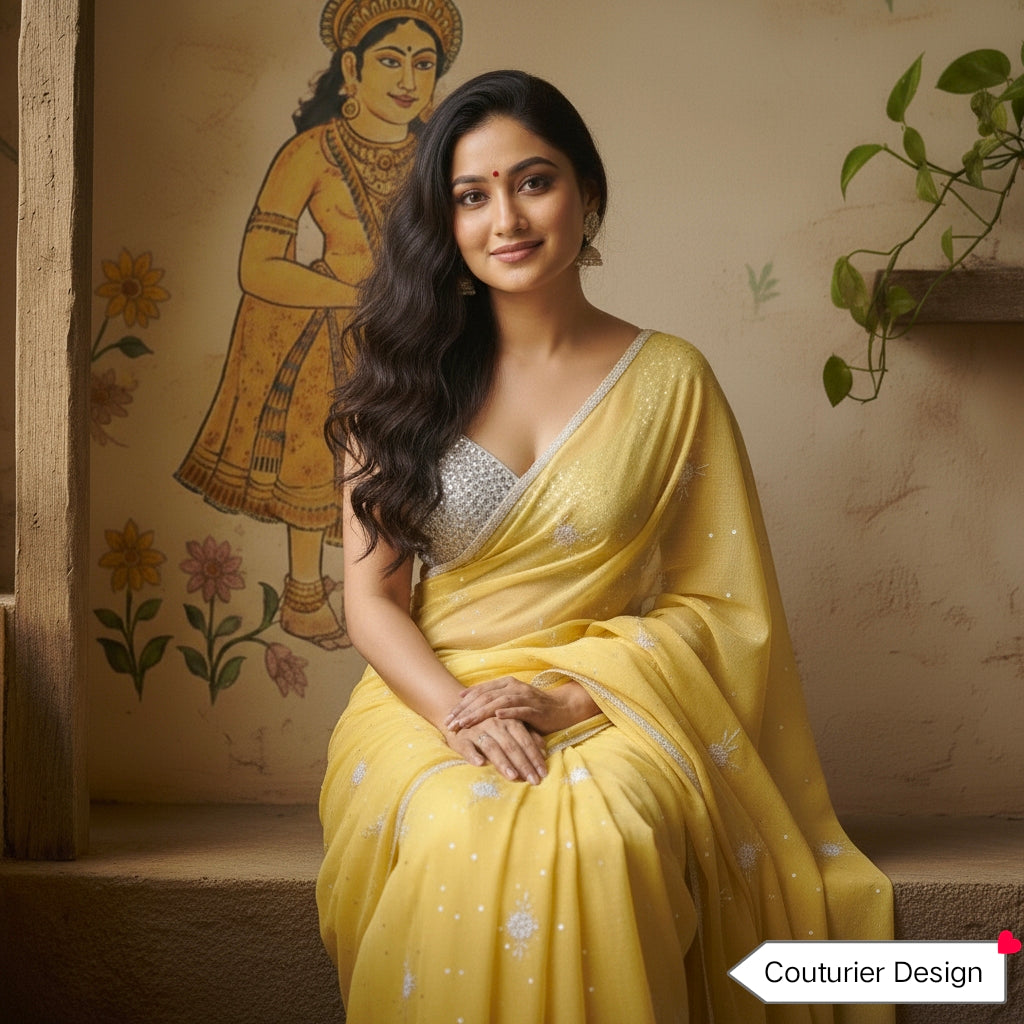 A smiling woman wearing a beautiful yellow chiffon saree with silver embroidery, paired with a silver sequin v-neck blouse, sitting gracefully in front of a beige wall with traditional Indian art.