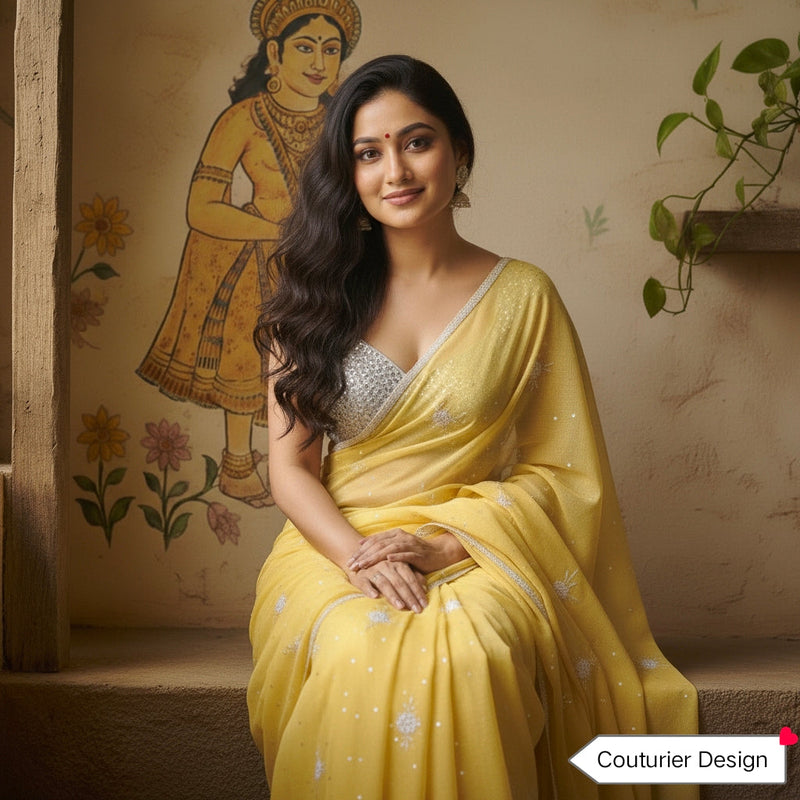 A smiling woman wearing a beautiful yellow chiffon saree with silver embroidery, paired with a silver sequin v-neck blouse, sitting gracefully in front of a beige wall with traditional Indian art.